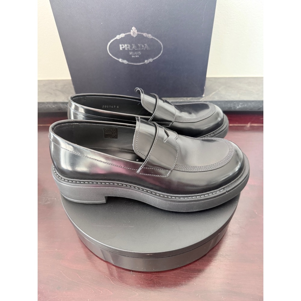 Prada 2DG149 Mens Black Leather Penny Loafer Lug Sole Shoes Size 6 Made in Italy - Picture 2 of 10